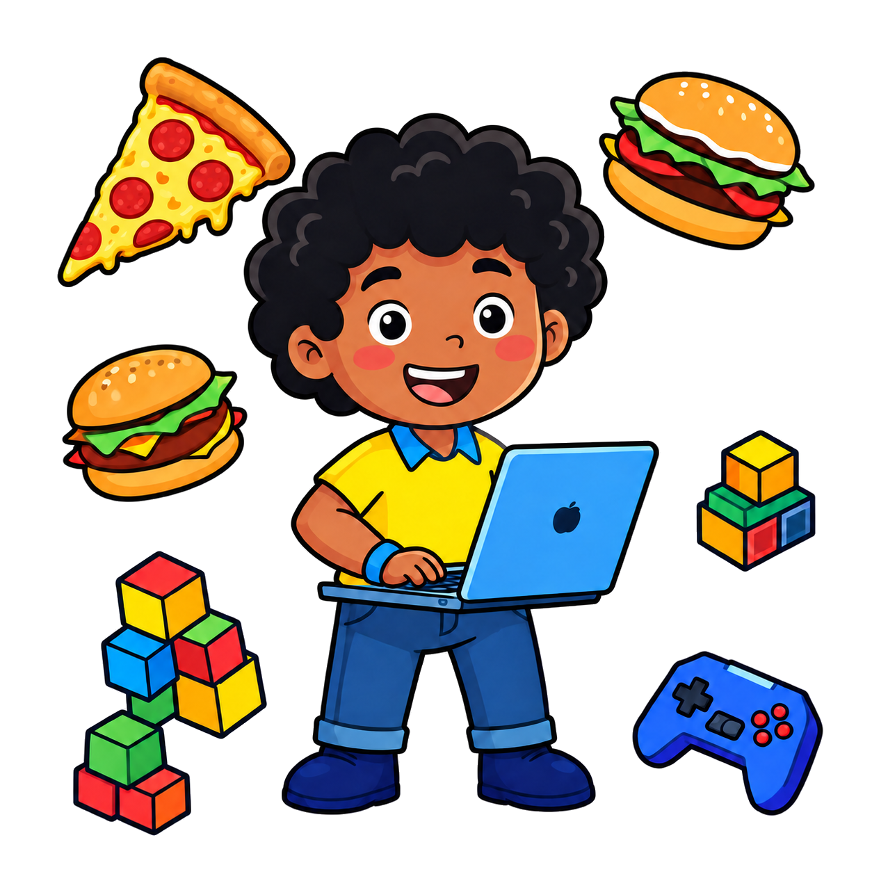 Kepler with his laptop, surrounded by a slice of pizza, burgers, building bricks, and a game controller